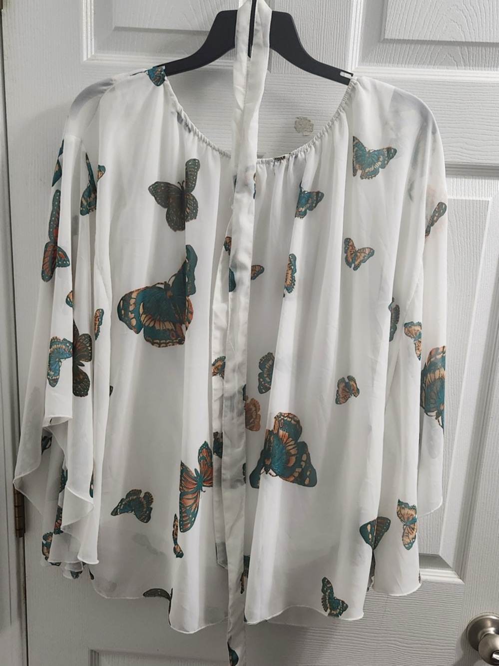 White Butterfly Tie-Back Blouse - Teal & Copper Print